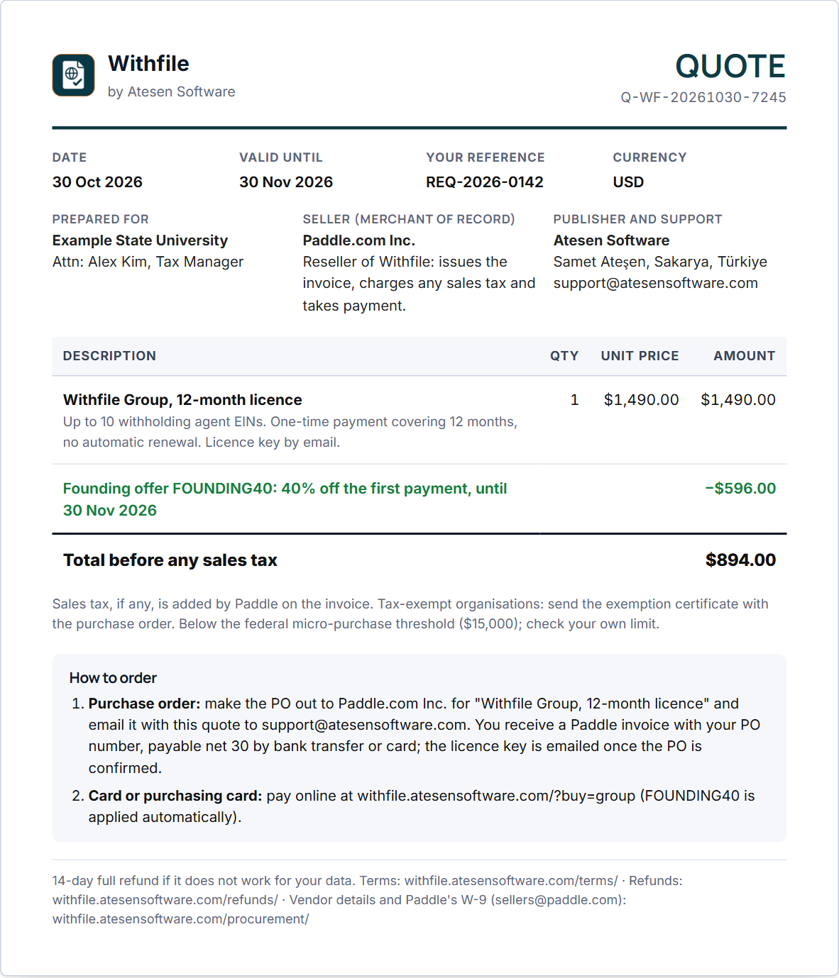 A Withfile quote for a made-up organisation: the plan, the founding price, Paddle.com Inc. as seller and the purchase order instructions.